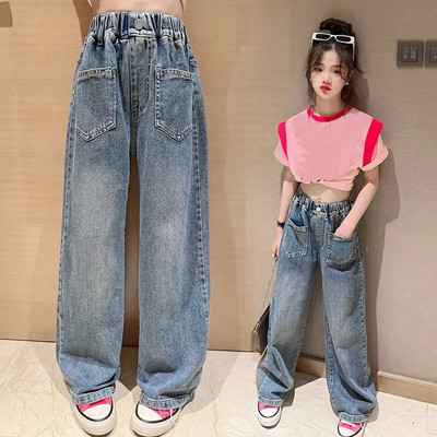 Blugi Copii Fete Toamna Nou 2022 Pantaloni drepti largi pentru copii 12 13 14 ani Albastru Adolescent Scoala Copii Pantaloni casual din denim