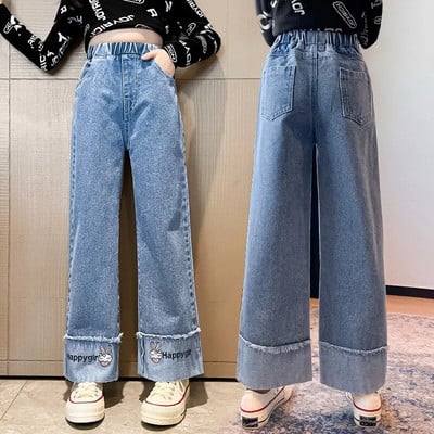 Blugi Copii Fete Toamna Nou 2022 Pantaloni drepti largi pentru copii 12 13 14 ani Albastru Adolescent Scoala Copii Pantaloni casual din denim
