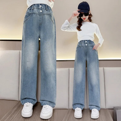 Blugi Copii Fete Toamna Nou 2022 Pantaloni drepti largi pentru copii 12 13 14 ani Albastru Adolescent Scoala Copii Pantaloni casual din denim