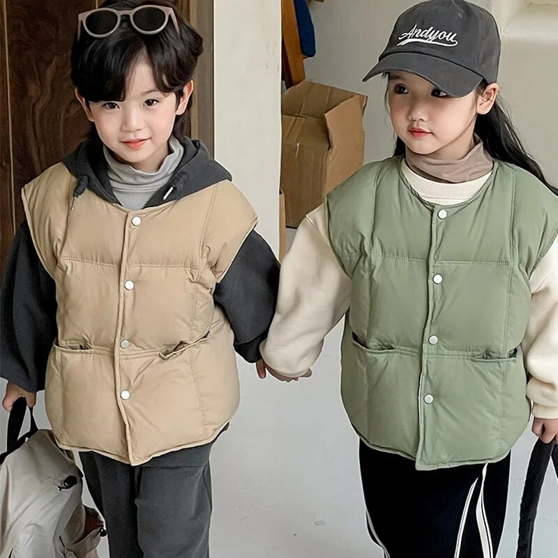 Παιδικό χειμωνιάτικο γιλέκο 2023 Φθινόπωρο Νέο Κορεάτικο γιλέκο για κορίτσια Μπεζ Μασίφ Ζεστό Παχύ Φορέστε Πάπια Γιλέκο Βρεφικά Κορυφαία Ρούχα