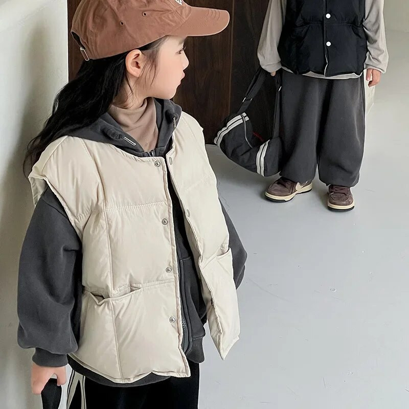 Παιδικό χειμωνιάτικο γιλέκο 2023 Φθινόπωρο Νέο Κορεάτικο γιλέκο για κορίτσια Μπεζ Μασίφ Ζεστό Παχύ Φορέστε Πάπια Γιλέκο Βρεφικά Κορυφαία Ρούχα