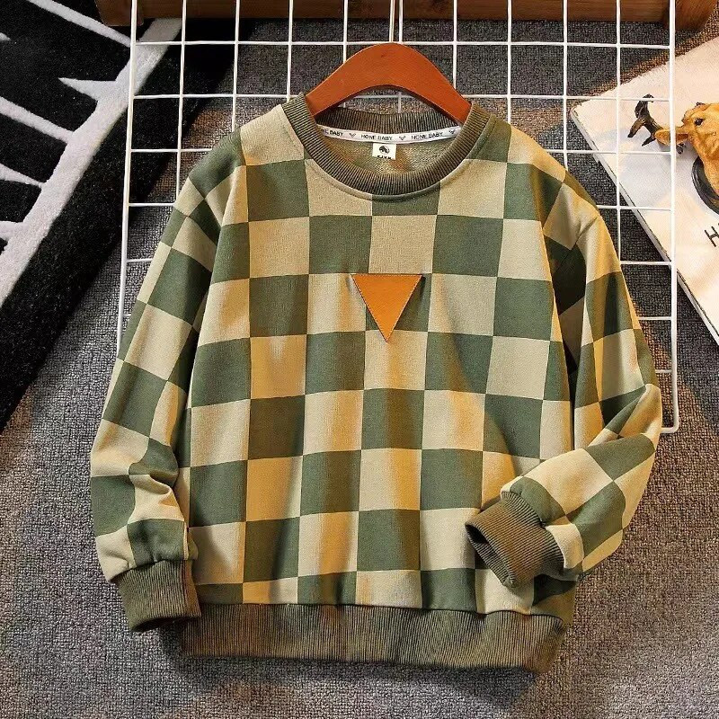Proljeće Jesen Dječački Pamuk Kontrast Karirani Trokut Label Sweatshirt Školski Dječji Pulover na stazi Dječji Džemper za vježbanje 3-16 godina