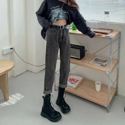 2023. aasta uued kõrge vöökohaga naiste teksad, sügistalvised Korea stiilis pestud puuvillased teksapüksid, naiste vabad vabad kauboihaaremipüksid