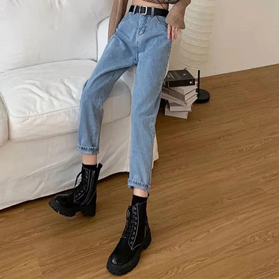 2023. aasta uued kõrge vöökohaga naiste teksad, sügistalvised Korea stiilis pestud puuvillased teksapüksid, naiste vabad vabad kauboihaaremipüksid