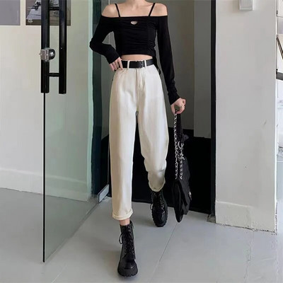 2023. aasta uued kõrge vöökohaga naiste teksad, sügistalvised Korea stiilis pestud puuvillased teksapüksid, naiste vabad vabad kauboihaaremipüksid