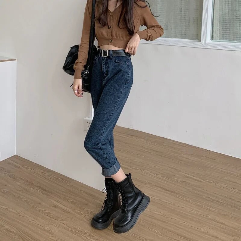 2023. aasta uued kõrge vöökohaga naiste teksad, sügistalvised Korea stiilis pestud puuvillased teksapüksid, naiste vabad vabad kauboihaaremipüksid