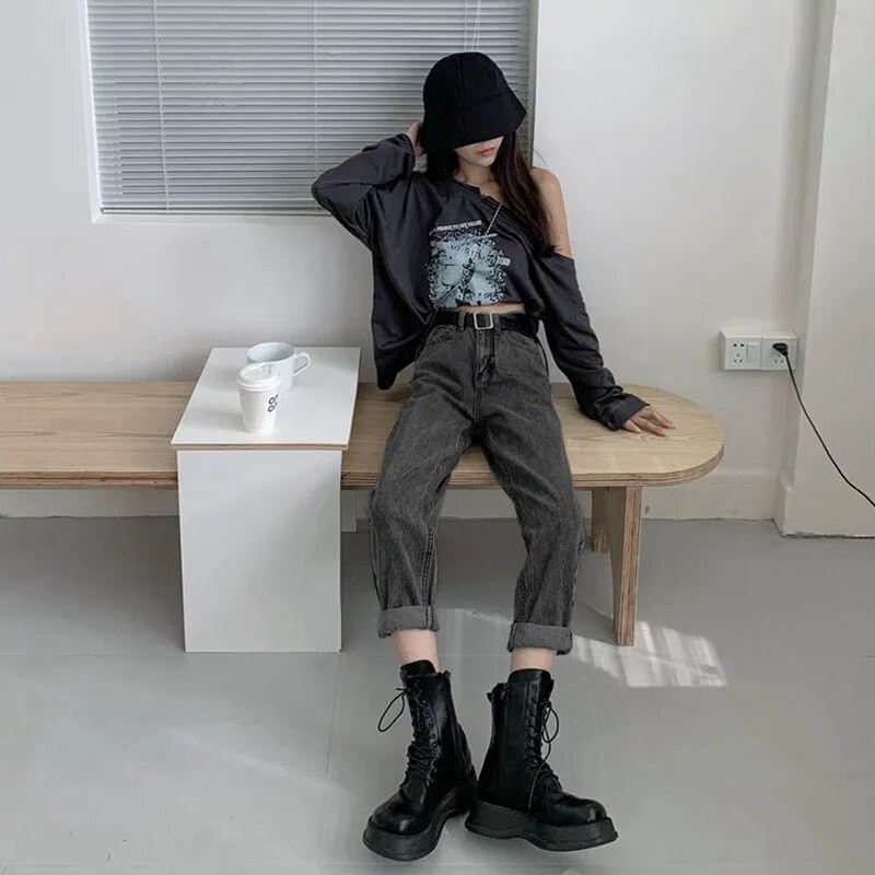 2023. aasta uued kõrge vöökohaga naiste teksad, sügistalvised Korea stiilis pestud puuvillased teksapüksid, naiste vabad vabad kauboihaaremipüksid