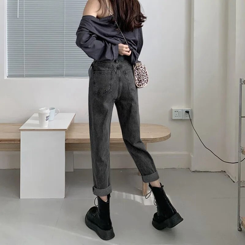 2023. aasta uued kõrge vöökohaga naiste teksad, sügistalvised Korea stiilis pestud puuvillased teksapüksid, naiste vabad vabad kauboihaaremipüksid