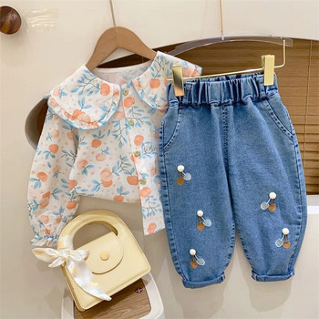 Κορεάτικα παιδικά ρούχα 2023 Άνοιξη φθινόπωρο ελαστικό γράμμα μέσης κέντημα pincer Flower patchwork Casual loose τζιν παντελόνι