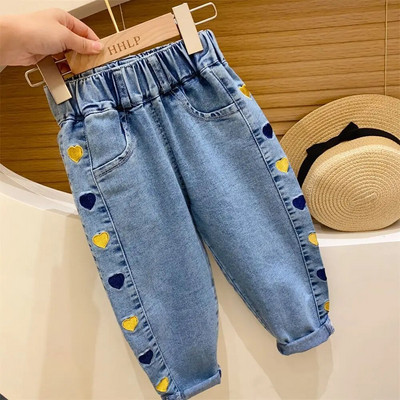 Îmbrăcăminte coreeană pentru copii 2023, primăvară, toamnă, talie elastică, broderie cu litere, clește, flori, patchwork, pantaloni casual largi din denim
