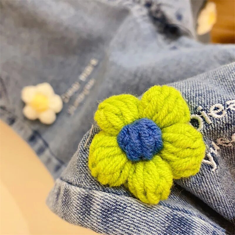 Îmbrăcăminte coreeană pentru copii 2023, primăvară, toamnă, talie elastică, broderie cu litere, clește, flori, patchwork, pantaloni casual largi din denim