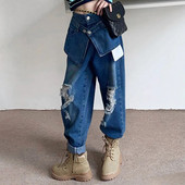 Primăvară Toamnă Blugi Fete Pantaloni Denim Bebeluși Pantaloni Copii Pantaloni Adolescenți Haine pentru copii Buzunar neregulat Orificiu rupt 5-14A