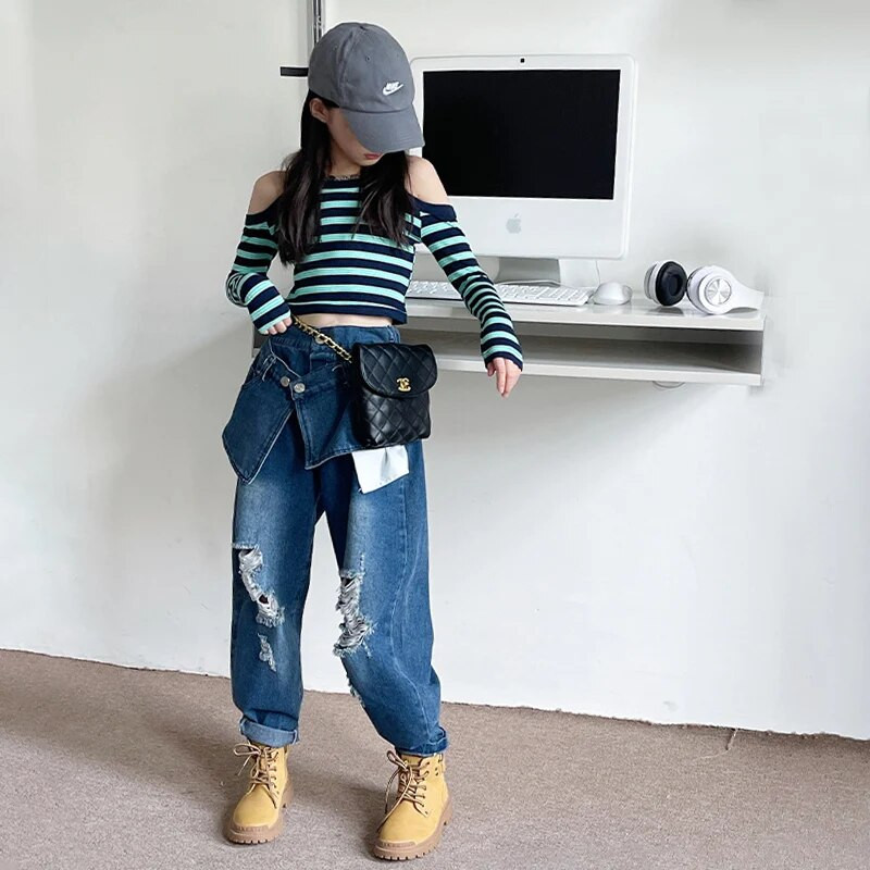 Primăvară Toamnă Blugi Fete Pantaloni Denim Bebeluși Pantaloni Copii Pantaloni Adolescenți Haine pentru copii Buzunar neregulat Orificiu rupt 5-14A