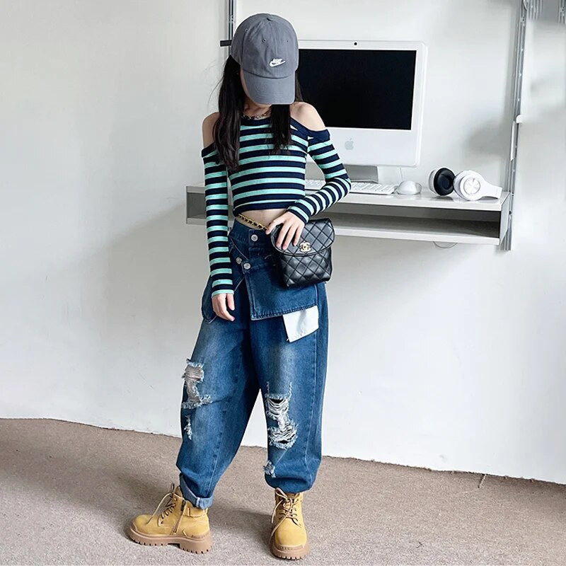 Primăvară Toamnă Blugi Fete Pantaloni Denim Bebeluși Pantaloni Copii Pantaloni Adolescenți Haine pentru copii Buzunar neregulat Orificiu rupt 5-14A