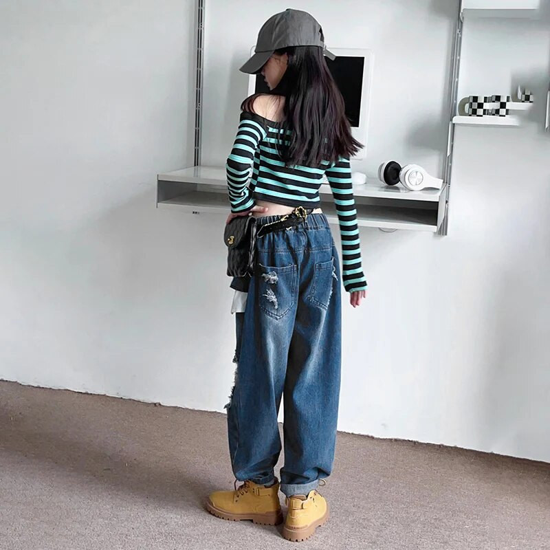 Primăvară Toamnă Blugi Fete Pantaloni Denim Bebeluși Pantaloni Copii Pantaloni Adolescenți Haine pentru copii Buzunar neregulat Orificiu rupt 5-14A