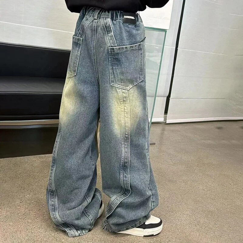 Teismeliste tüdrukute püksid Moodne splaissitud disain Põrand Teksad Püksid Lastele Laia säärega teksapüksid 6 8 10 12 14-aastastele lastele