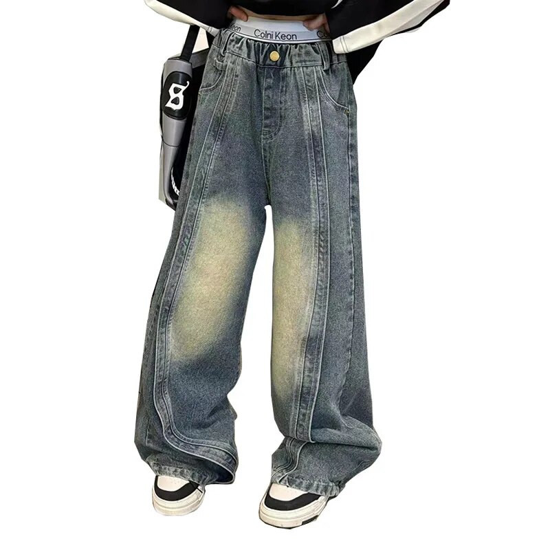 Teismeliste tüdrukute püksid Moodne splaissitud disain Põrand Teksad Püksid Lastele Laia säärega teksapüksid 6 8 10 12 14-aastastele lastele