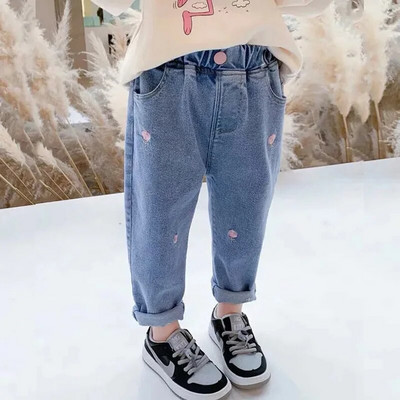 Blugi pentru fete 2022, primăvară, pantaloni pentru fetiță, mici, medii, pentru copii, ocazional, blugi cu talie medie, blugi din bumbac cu imprimeu inimă