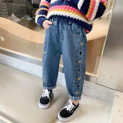 Blugi pentru fete 2022, primăvară, pantaloni pentru fetiță, mici, medii, pentru copii, ocazional, blugi cu talie medie, blugi din bumbac cu imprimeu inimă