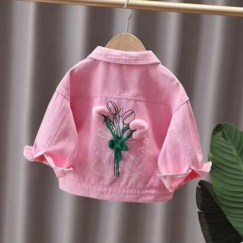 Пролетни и есенни якета за момичета 2024 Ново палто Модно момиче Бебешки сладък гръб 3D Малко цвете Розово дънково палто Топ за момичета
