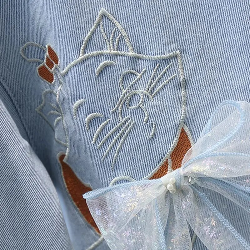 Jachetă de blugi pentru fete de primăvară, toamnă, cu mâneci întregi, broderie de pisici din desene animate, ocazional, pentru fetiță, cu fundă din dantelă, bluze, îmbrăcăminte de îmbrăcăminte