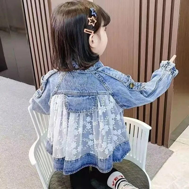 Tavaszi és őszi gyerek csipke farmer dzseki ruhák lánydivat alkalmi felső 2023 felsőruházat baba széldzseki kabát 2-7