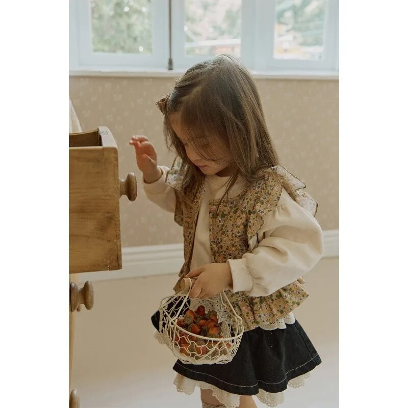 Παιδικά ρούχα για κορίτσια Flora γιλέκο 2023 Φθινόπωρο Νέο μοντέρνο κορεάτικο στιλ λουλούδι κοντό, απλό, γλυκό γιλέκο πριγκίπισσας