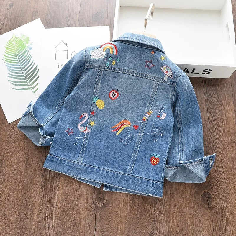 Κορίτσια Ανοιξιάτικα φθινοπωρινά τζιν παλτό Παιδικά καρτούν Μονόκερος Εξωτερικά μπουφάν Παιδική μόδα Κέντημα Ρούχα 2-8 ετών