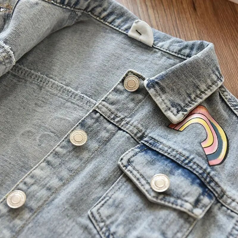 Kevad-sügis tüdruku teksajakid Beebi vikerkaare lillega trükitud mantel, kauboi, revääriga jope, laste ülerõivad 3 kuni 12 aastat