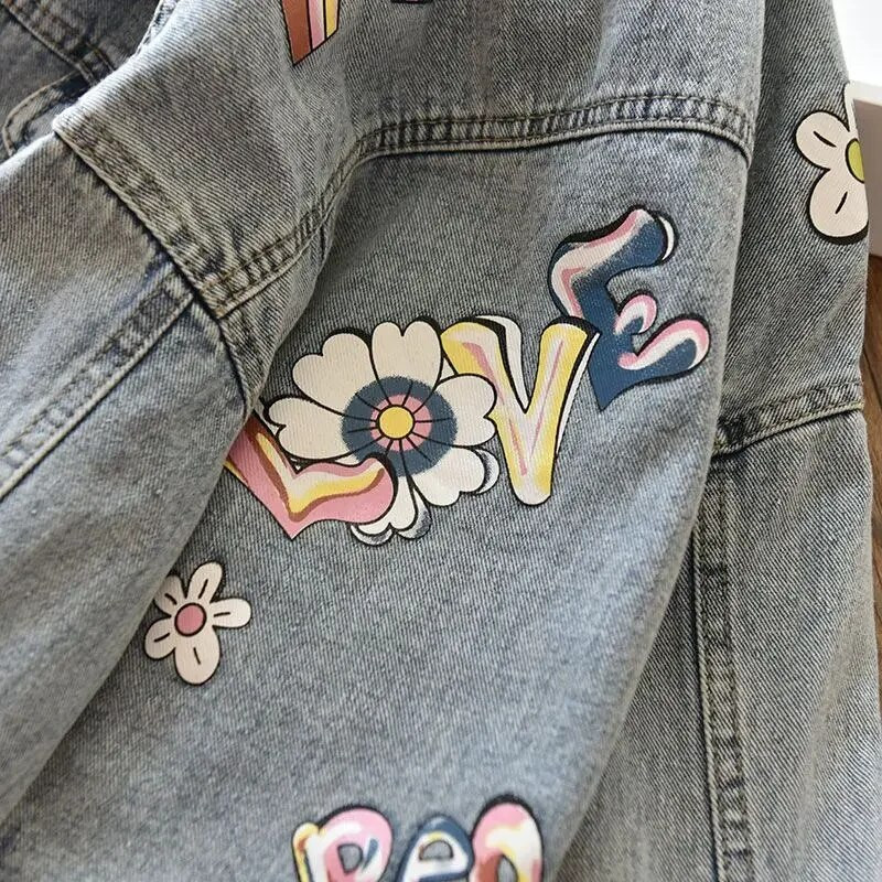 Kevad-sügis tüdruku teksajakid Beebi vikerkaare lillega trükitud mantel, kauboi, revääriga jope, laste ülerõivad 3 kuni 12 aastat