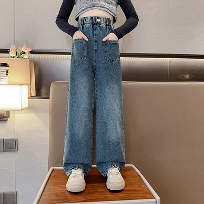 Široke traperice za djevojčice za proljeće i jesen Opuštene vintage ravne retro hlače Modne tinejdžerske dječje hlače 6 8 9 10 11 12 14 godina