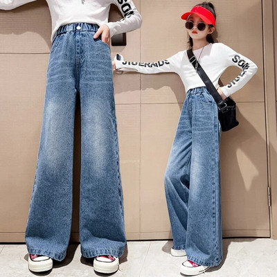 Široke traperice za djevojčice za proljeće i jesen Opuštene vintage ravne retro hlače Modne tinejdžerske dječje hlače 6 8 9 10 11 12 14 godina