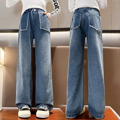 Široke traperice za djevojčice za proljeće i jesen Opuštene vintage ravne retro hlače Modne tinejdžerske dječje hlače 6 8 9 10 11 12 14 godina