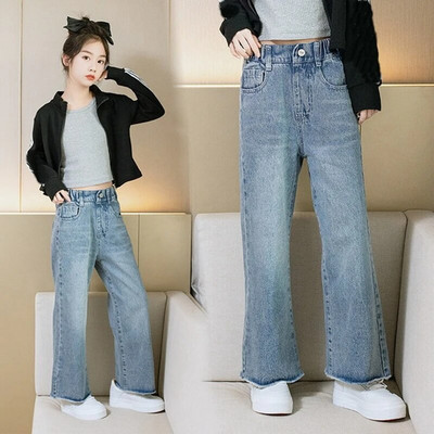 Široke traperice za djevojčice za proljeće i jesen Opuštene vintage ravne retro hlače Modne tinejdžerske dječje hlače 6 8 9 10 11 12 14 godina