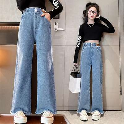 Široke traperice za djevojčice za proljeće i jesen Opuštene vintage ravne retro hlače Modne tinejdžerske dječje hlače 6 8 9 10 11 12 14 godina