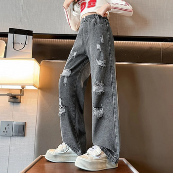 Ανοιξιάτικη παιδική μόδα σκισμένα τζιν Μακρύ παντελόνι Παντελόνι για κορίτσια Κλασικό τζιν παντελόνι με τρύπα Εφηβικό σχολικό τζιν με ελαστική μέση