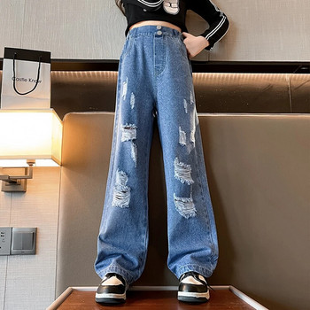 Ανοιξιάτικη παιδική μόδα σκισμένα τζιν Μακρύ παντελόνι Παντελόνι για κορίτσια Κλασικό τζιν παντελόνι με τρύπα Εφηβικό σχολικό τζιν με ελαστική μέση