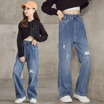 Blugi pentru fete adolescente Noutăți ocazional modă largi, de înaltă calitate, pantaloni largi pentru copii, pantaloni lați pentru școlari, 6 8 9 10 12 14 ani