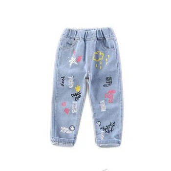 Бебешки дънки за момичета Пролет и есен Нови щамповани модни панталони Дънки Детски свободни ежедневни панталони