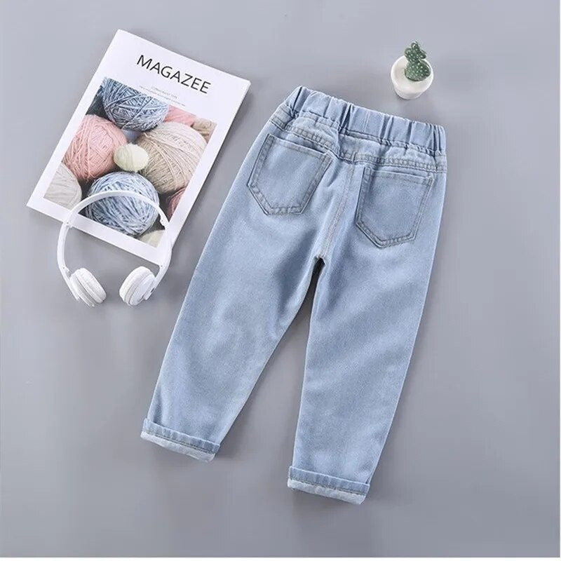 Lányok Babafarmer tavaszi és őszi új nyomtatott divat nadrág farmerek gyerek bő alkalmi nadrágok