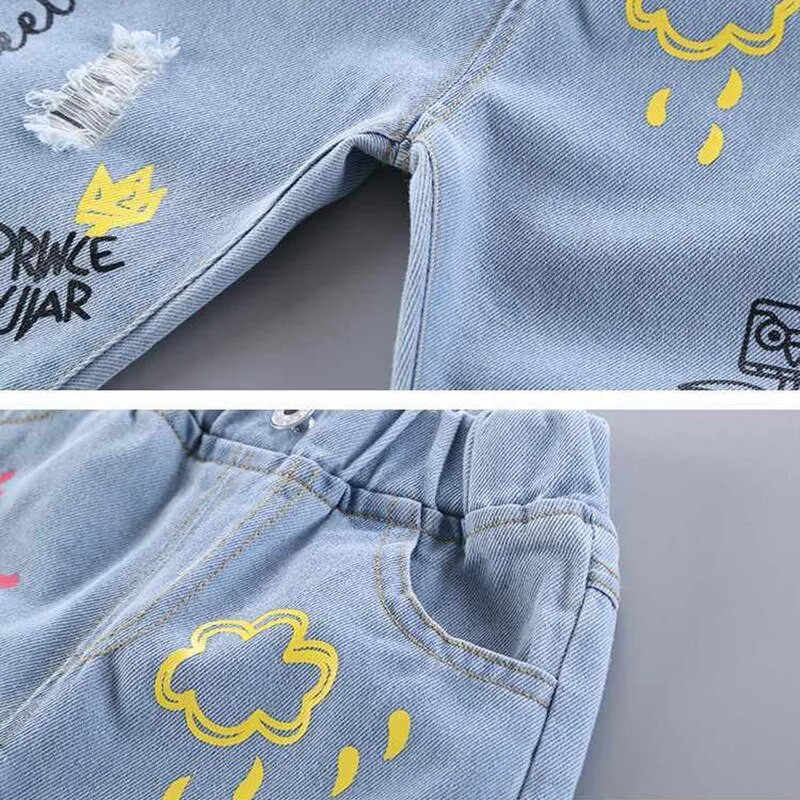 Lányok Babafarmer tavaszi és őszi új nyomtatott divat nadrág farmerek gyerek bő alkalmi nadrágok