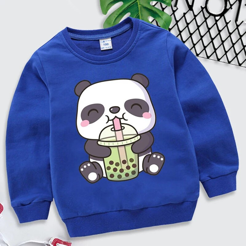 Bobo Tea Panda Hoodie Vaikams Drabužiai berniukams Mergaitėms Animaciniai megztiniai Kawaii Spausdinti megztiniai Pavasariniai Bobo Tea Panda Sportiniai drabužiai