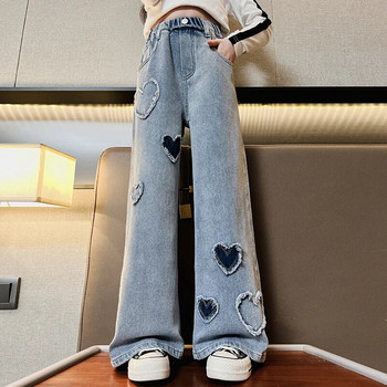 2023 г. Нови дънкови панталони за момичета Размер 12 Дънки с широки крачоли за момичета Кръпка във формата на сърце Детски дънкови панталони Модни детски панталони