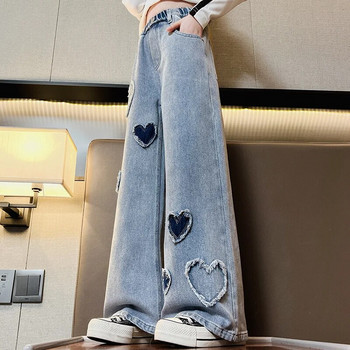 2023 г. Нови дънкови панталони за момичета Размер 12 Дънки с широки крачоли за момичета Кръпка във формата на сърце Детски дънкови панталони Модни детски панталони