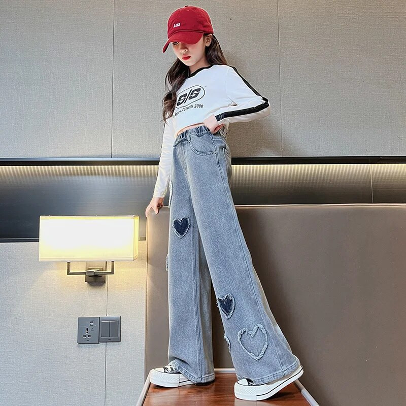 2023 m. Naujos Merginos Džinsinės Kelnės 12 Dydis Merginos Plačios Džinsinės Kelnės Širdelės formos lopas Vaikiškos džinsinės kelnės Mados Vaikiškos kelnės