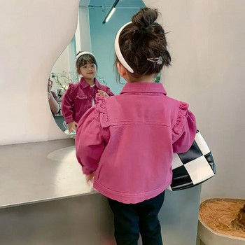 Τζιν μπουφάν για κορίτσια 2023 Φθινόπωρο καινούργιο μανίκι Παιδικά Γλυκά φαρδιά παλτό Ροζ Κόκκινο Μόδα Casual Εξωτερικά ρούχα