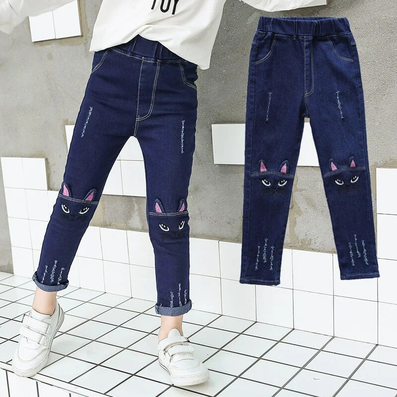2-12 ani, primăvară și toamnă, ocazional pentru copii, design drăguț de pisici, blugi pentru copii, pantaloni, blugi pentru fete, pantaloni, îmbrăcăminte pentru copii, pantaloni rupti