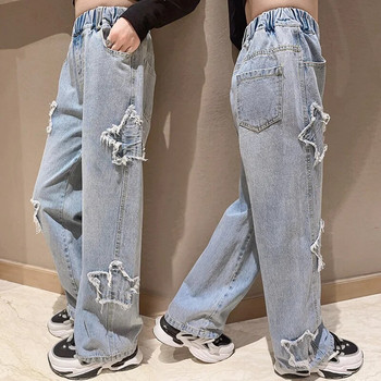 Дънки за момичета 2024 г. Пролетни нови платнени панталони с широки крачоли с петолъчна звезда Детски модерни тийнейджърски детски панталони 8 10 12 години