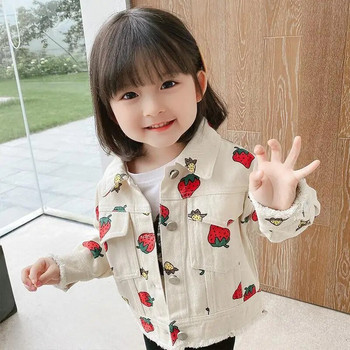 Бебешко палто Дънково яке за момиче Памучни дрехи с дълги ръкави Сладко външно палто за момиче в ягодов цвят Детски дънки Детско яке 9M-6T