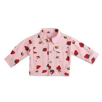 Бебешко палто Дънково яке за момиче Памучни дрехи с дълги ръкави Сладко външно палто за момиче в ягодов цвят Детски дънки Детско яке 9M-6T